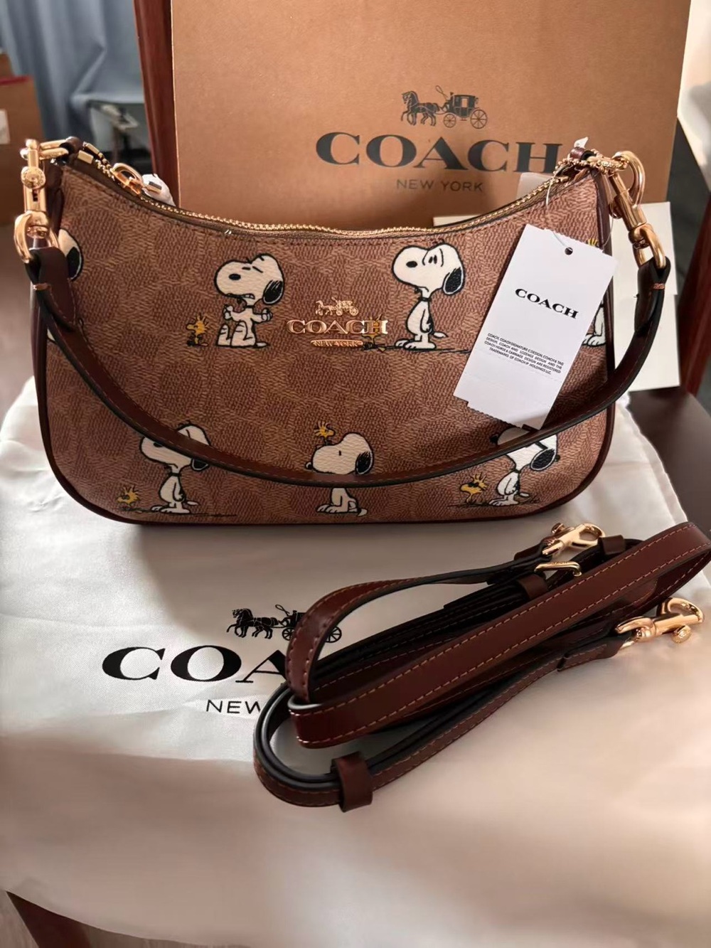 NWT Coach x Peanuts Snoopy Teri Shoulder Bag Signature Canvas Brown